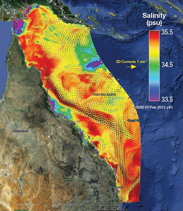 Figure 1. Snapshot from near real-time hydrodynamic model of the Great Barrier Reef showing sea-surface salinity and surface currents.
