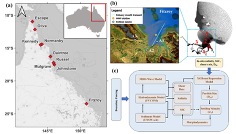 In-situ data from GBR estuaries (left) were used with a modelling approach (right) that integrated a fully coupled current-wave-sediment model with an embedded machine learning model to more efficiently resolve estuarine sediment dynamics In-situ data from GBR estuaries (left) were used with a modelling approach (right) that integrated a fully coupled current-wave-sediment model with an embedded machine learning model to more efficiently resolve estuarine sediment dynamics
