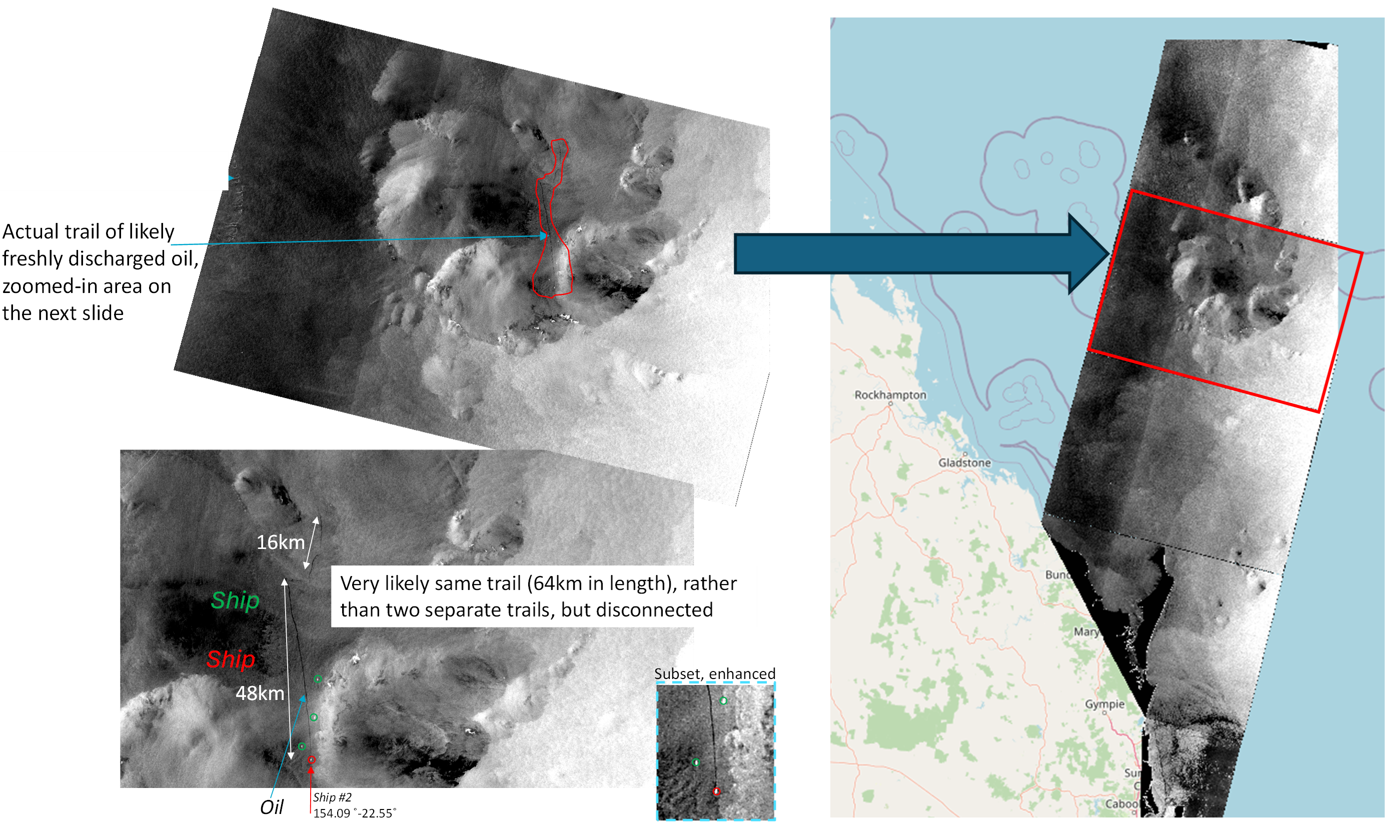 A likely 64km-long illegal oil discharge off Swain Reefs (Southern GBR) captured by Sentinel-1A SAR-C on 19th February 2023 and verified by the CSIRO Oil Spills detection system (not shown). A likely 64km-long illegal oil discharge off Swain Reefs (Southern GBR) captured by Sentinel-1A SAR-C on 19th February 2023 and verified by the CSIRO Oil Spills detection system (not shown).