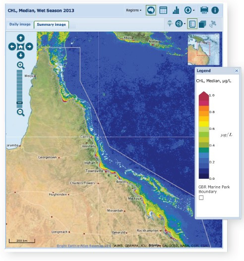 An example image from the Dashboard showing chlorophyll concentration values for the 2013 wet season.