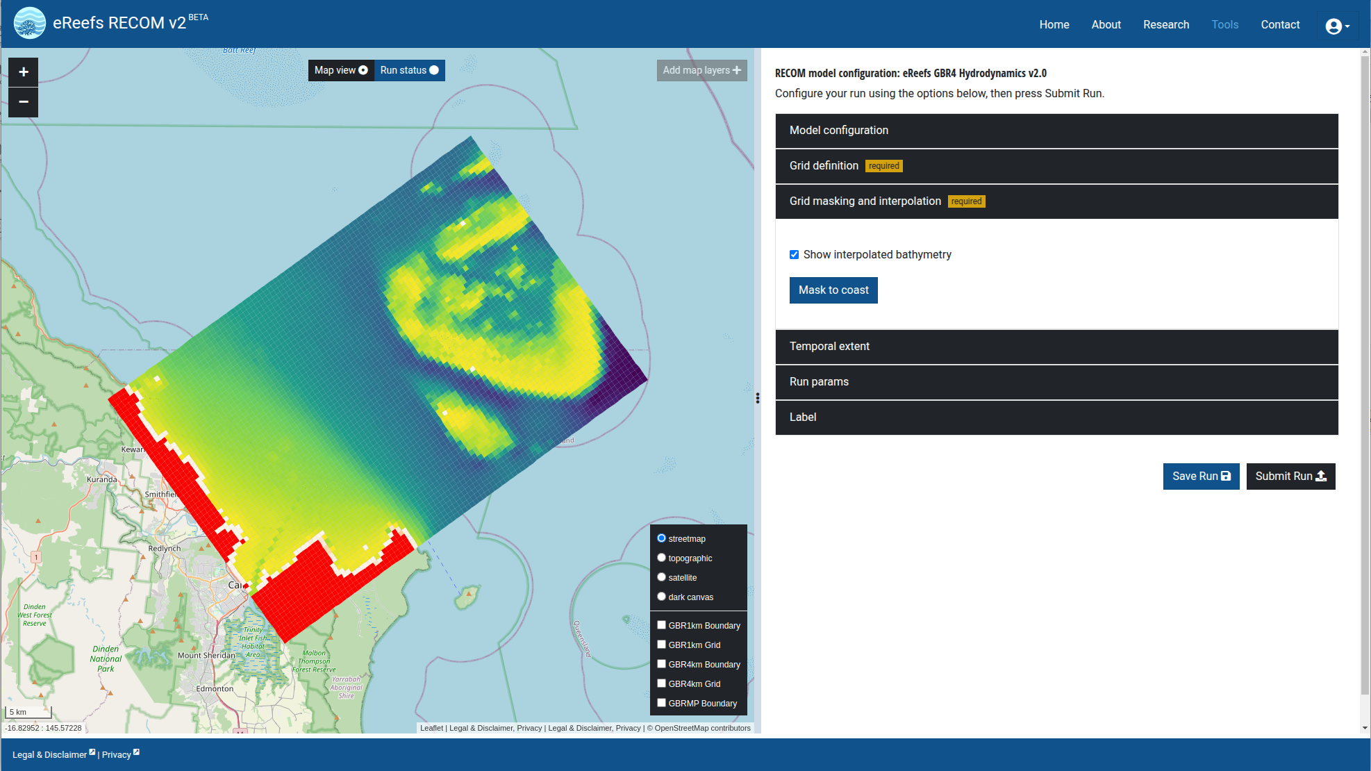 A screenshot of RECOM generating a fine-scale resolution grid off the coast of Cairns A screenshot of RECOM generating a fine-scale resolution grid off the coast of Cairns