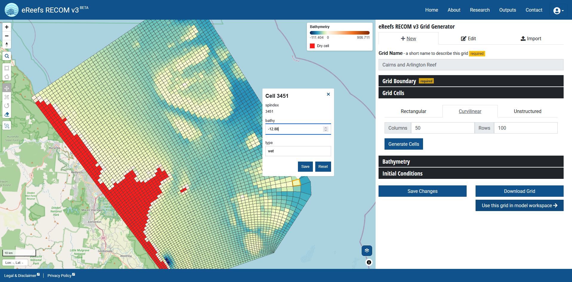 A screenshot of RECOM generating a fine-scale resolution grid off the coast of Cairns
